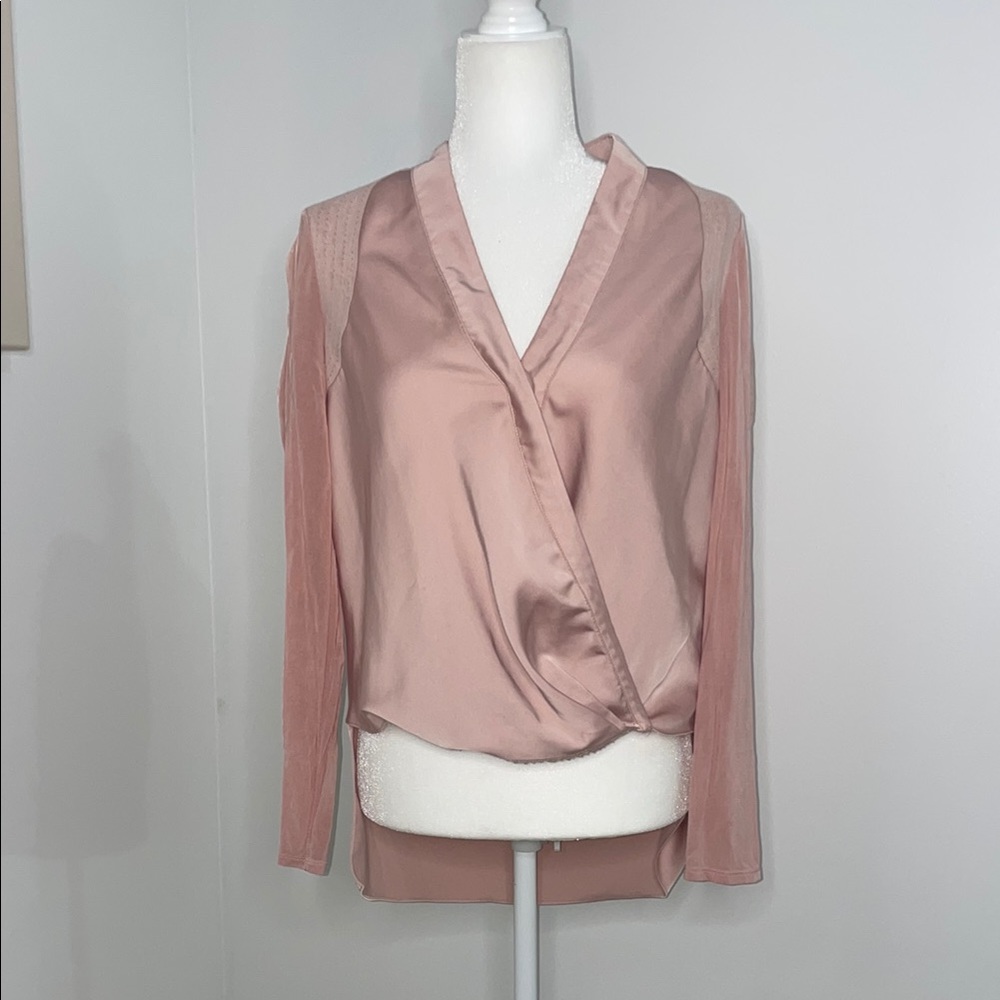 Bebe Pink Wrap Blouse with Notched Collar